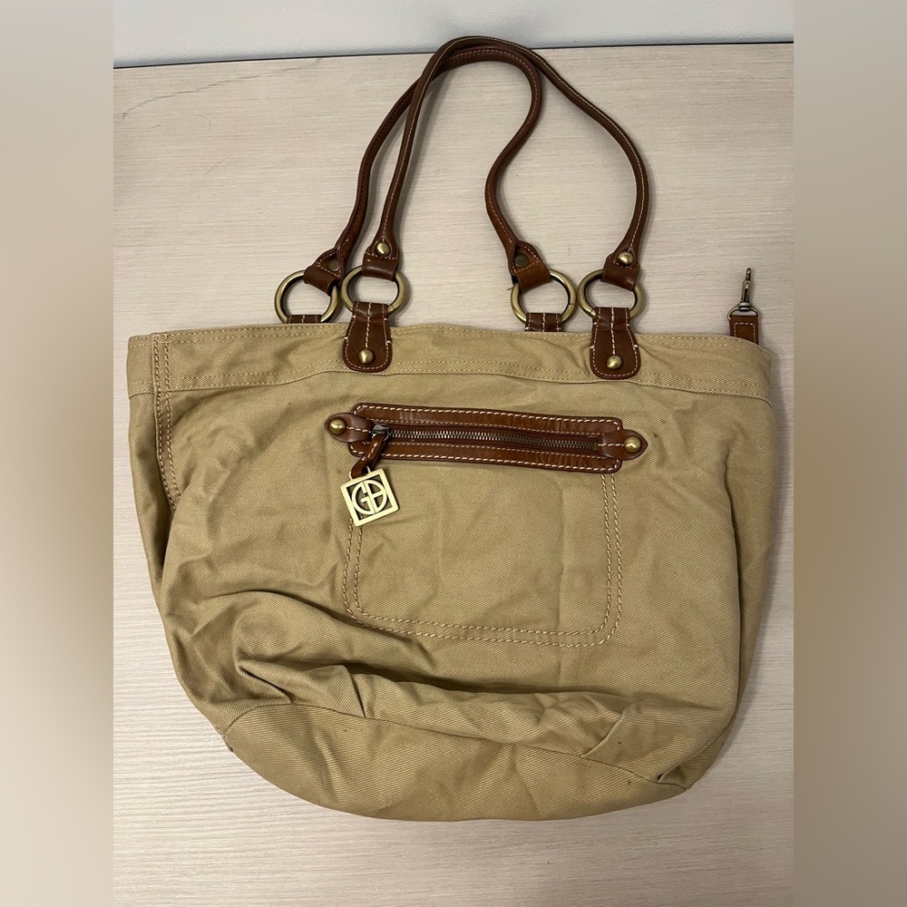 Gianni Bernini Tan Canvas and Brown Leather Tote Bag